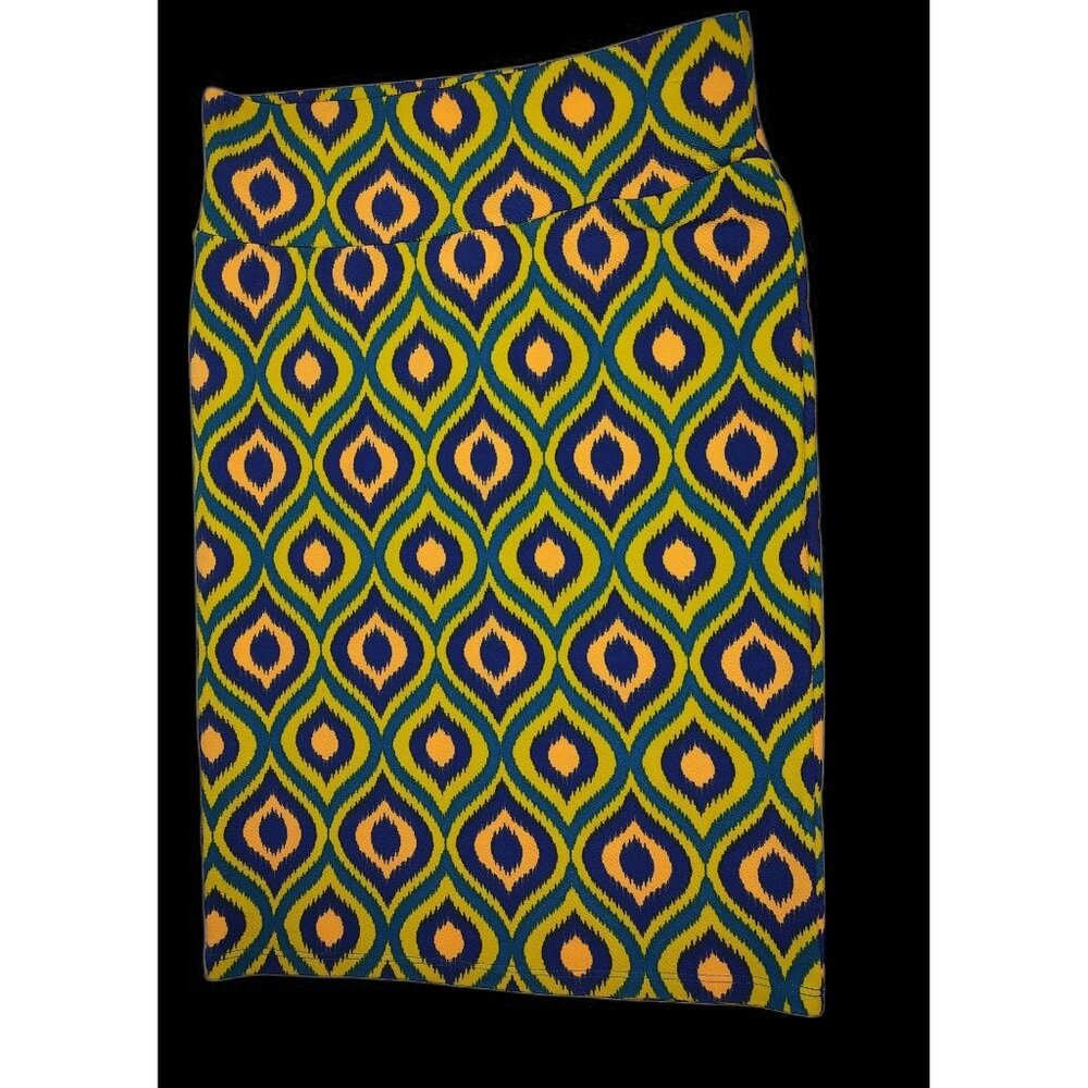 Lularoe Cassie Pencil Skirt Geometric Print Size Medium Stretch Yellow, Blue